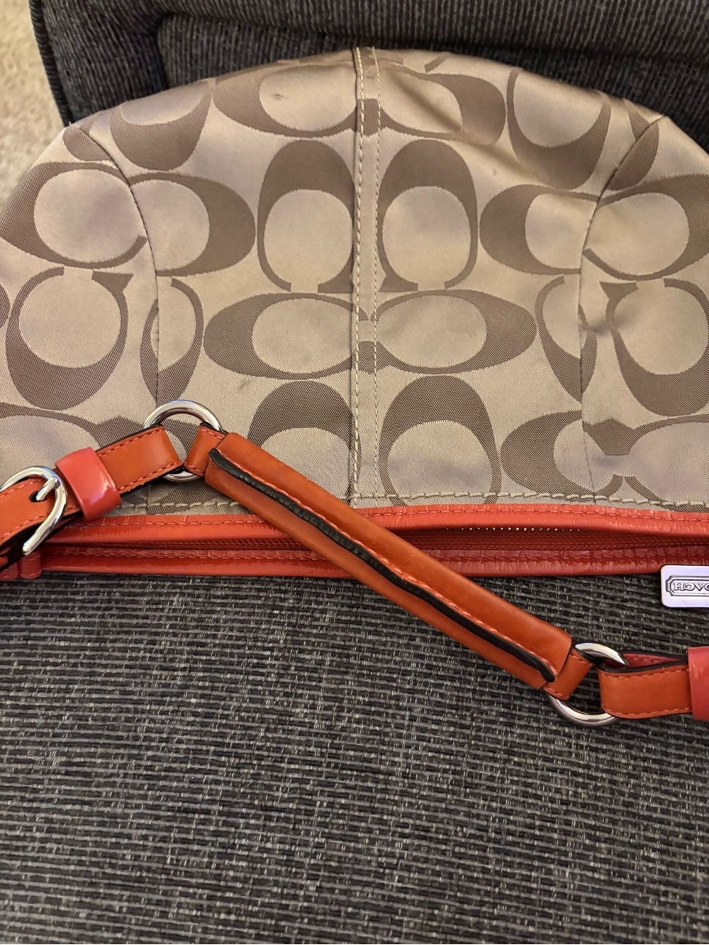 Coach K0868-12675 Signature Metallic Khaki Jacquard Orange Leather Shoulder Bag - Picture 11 of 16